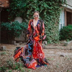 FARM Rio Diagonal Scarves Long Button Down Maxi Dress Size Medium